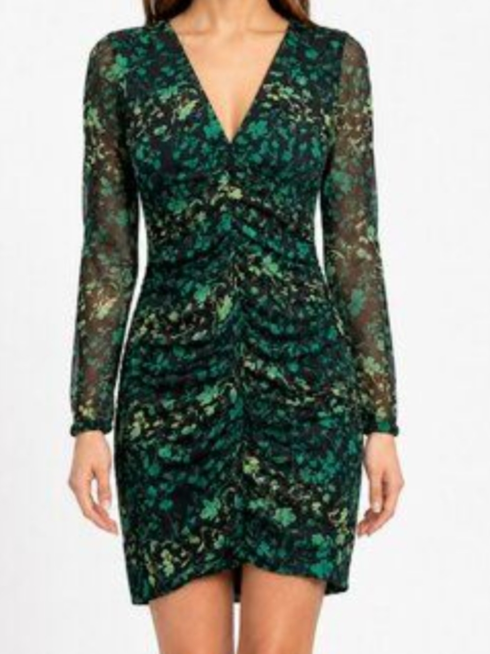 a new day Green Floral V-Neck Ruched Mini Dress